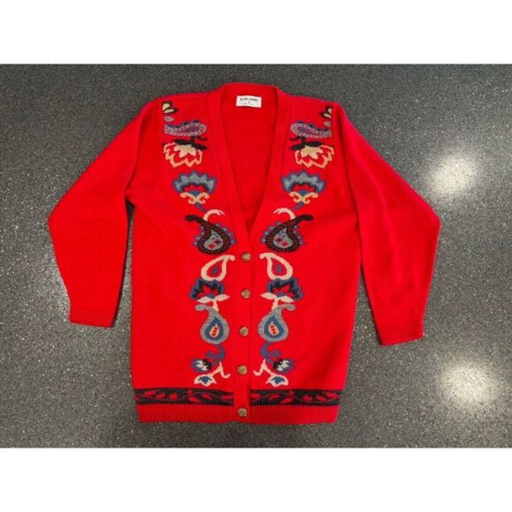 Vintage Alfred Dunner Red Paisley Long Cardigan Size Small Made In USA
